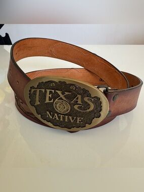 Vintage Leegin Leather Belt Mens 38 Feather Inlay Texas Native Buckle High Mesa